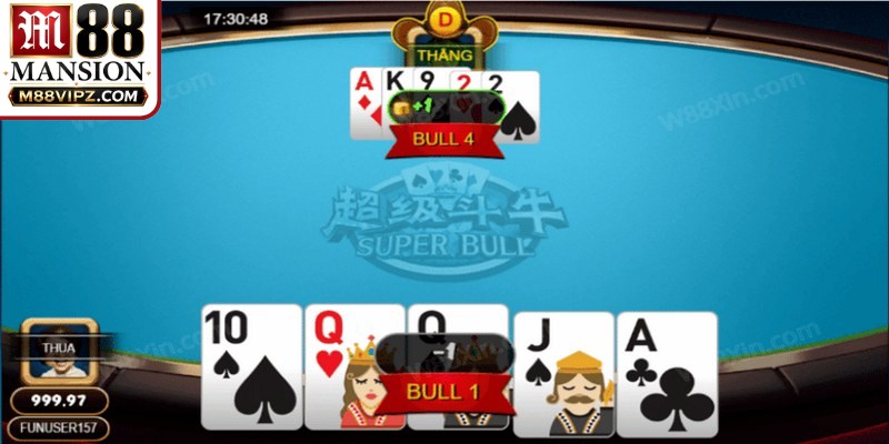 Bull được xác định khi 3 trong 5 lá bài có tổng điểm chia hết cho 10